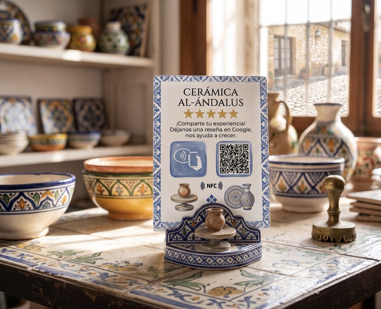 Placa NFC personalizada TapRate para tienda artesanal con QR y NFC