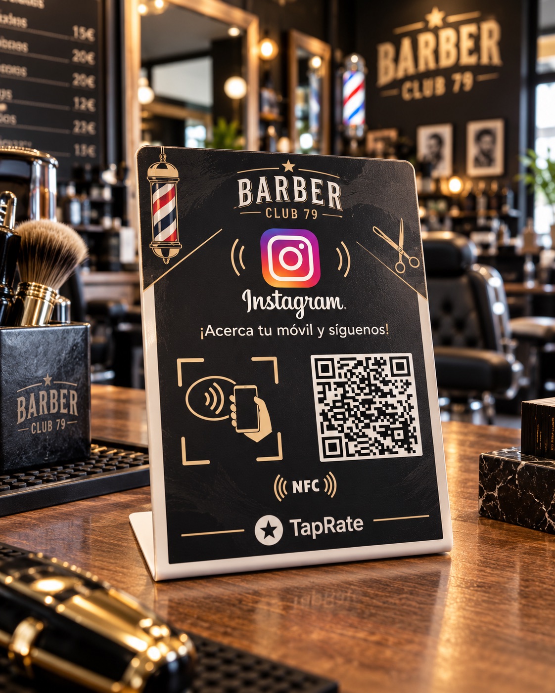 Placa NFC personalizada TapRate para barbería con Instagram