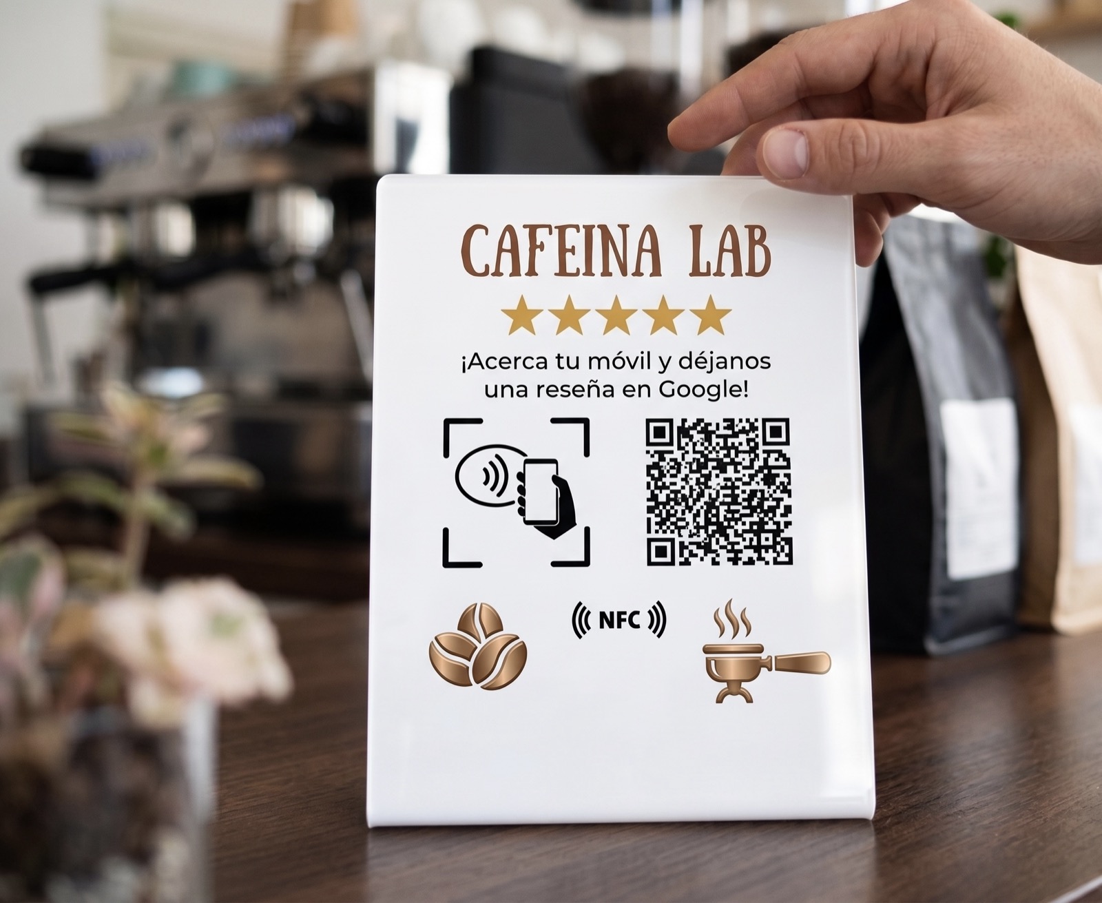 Placa NFC personalizada TapRate para cafetería con reseñas de Google