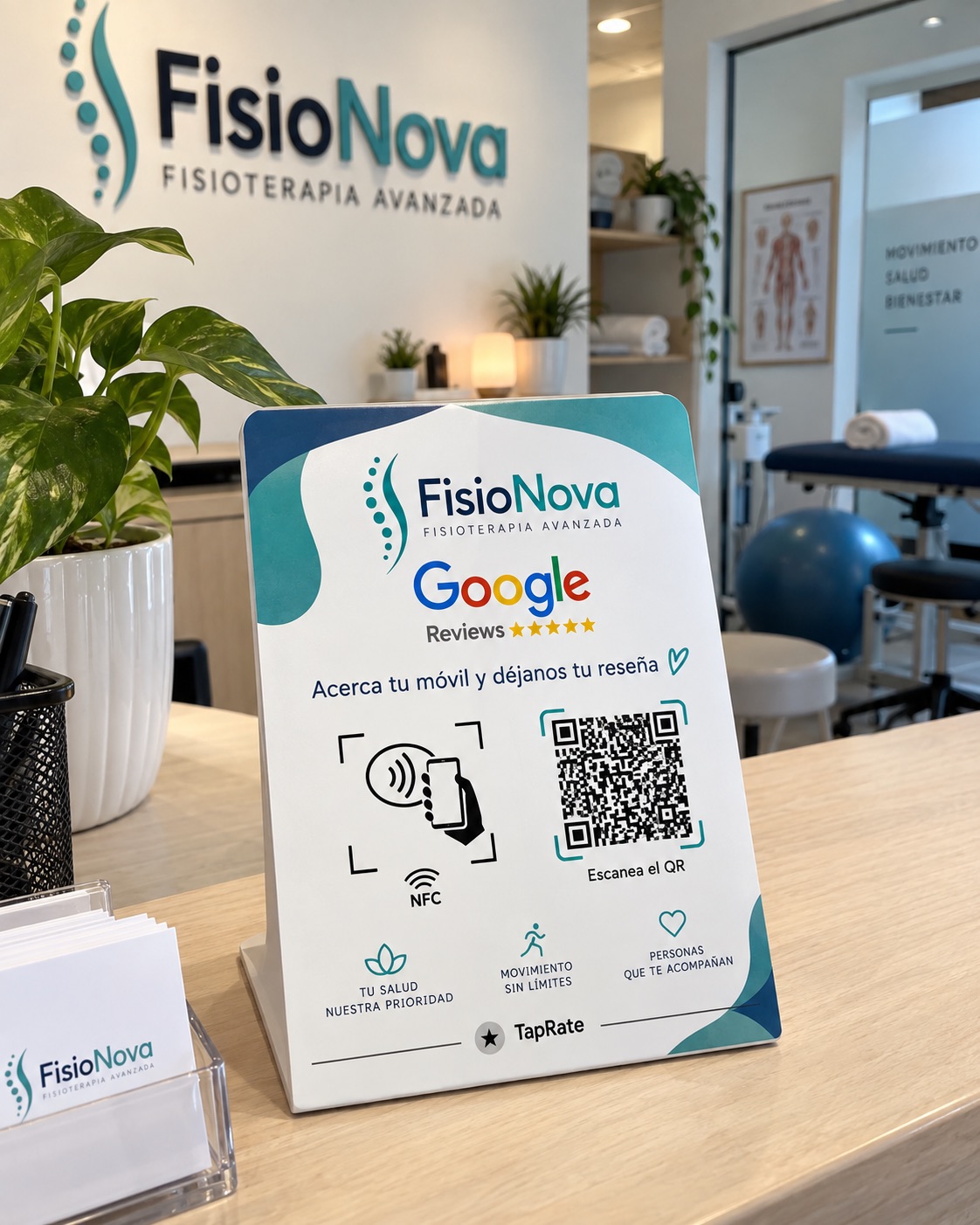 Custom TapRate NFC card for a physiotherapy clinic with Google reviews