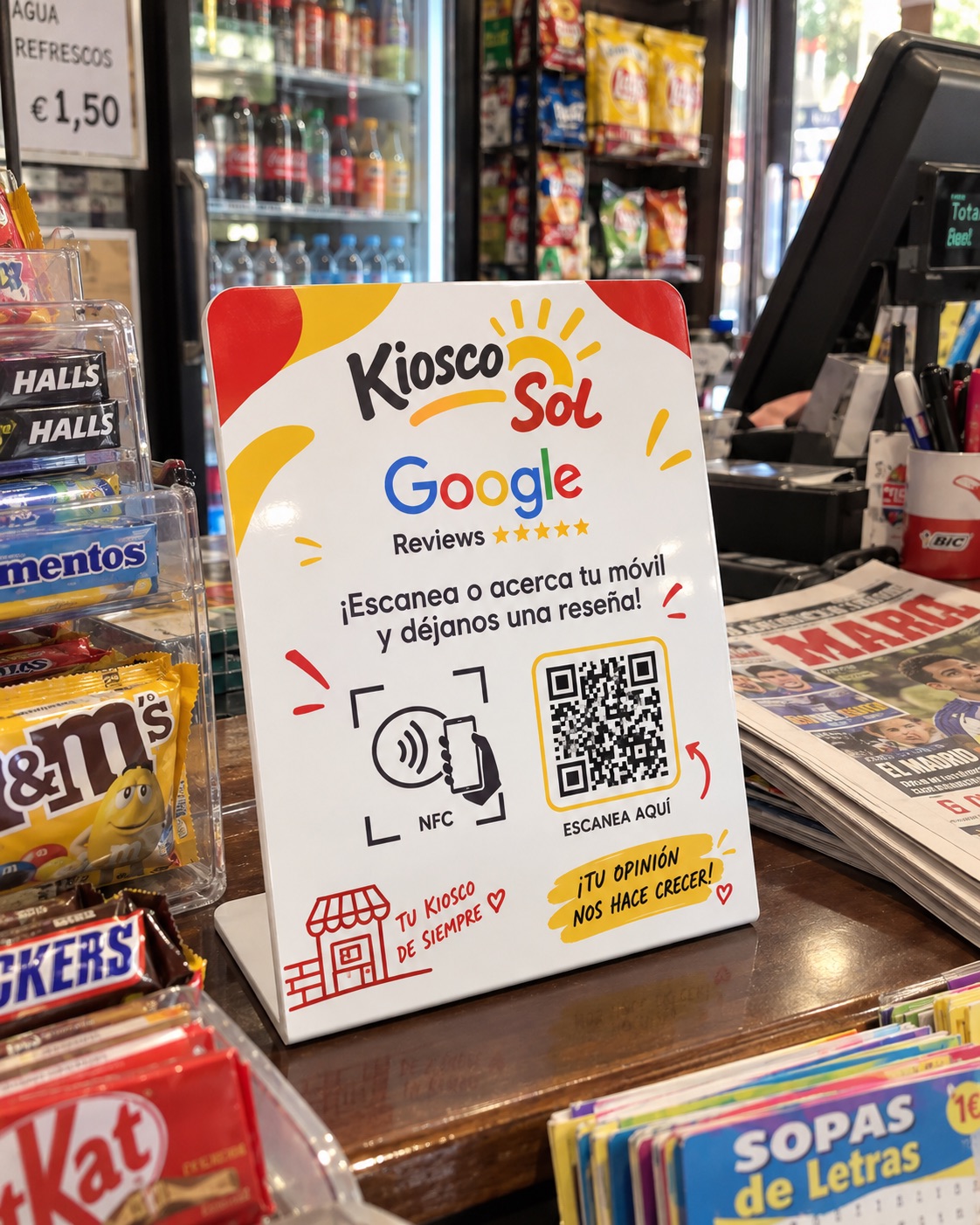 Placa NFC personalizada TapRate para kiosco de barrio