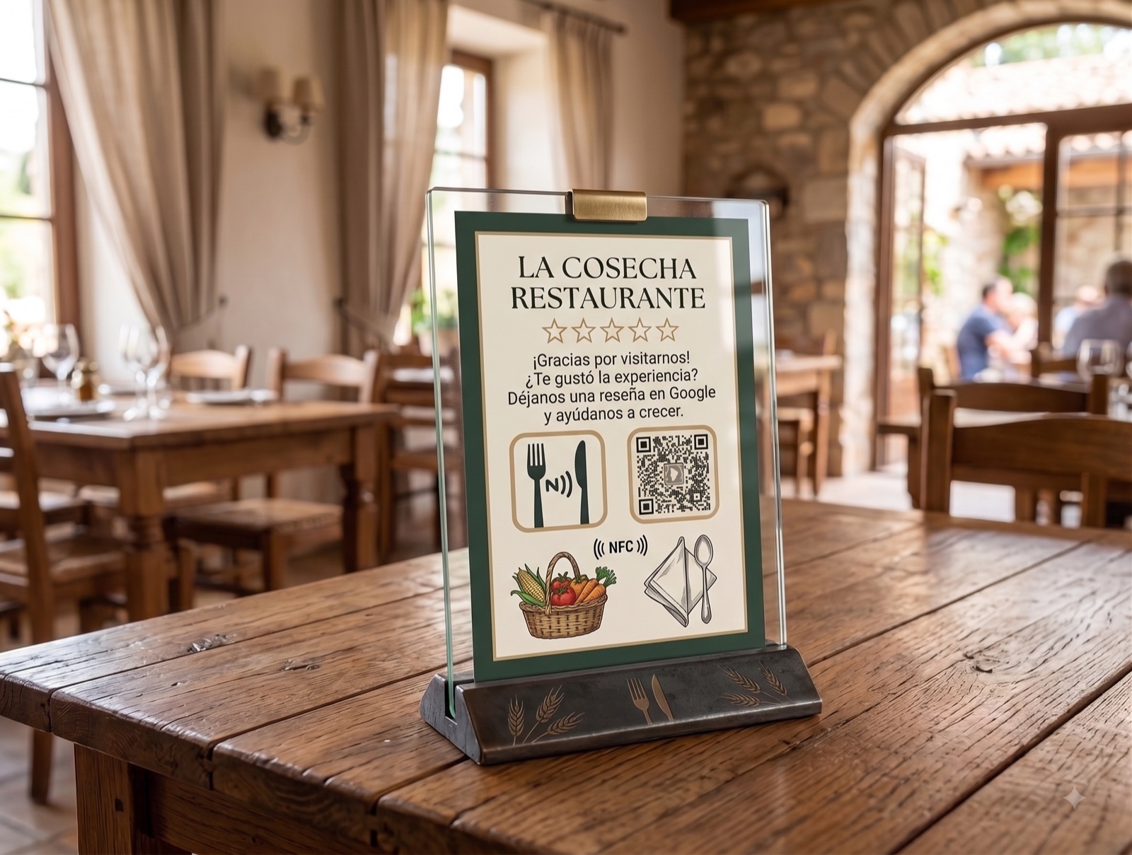 Placa NFC personalizada TapRate en restaurante rústico
