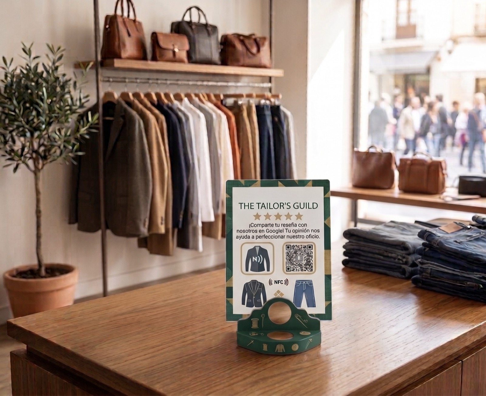Placa NFC personalizada TapRate para tienda retail con reseñas de Google