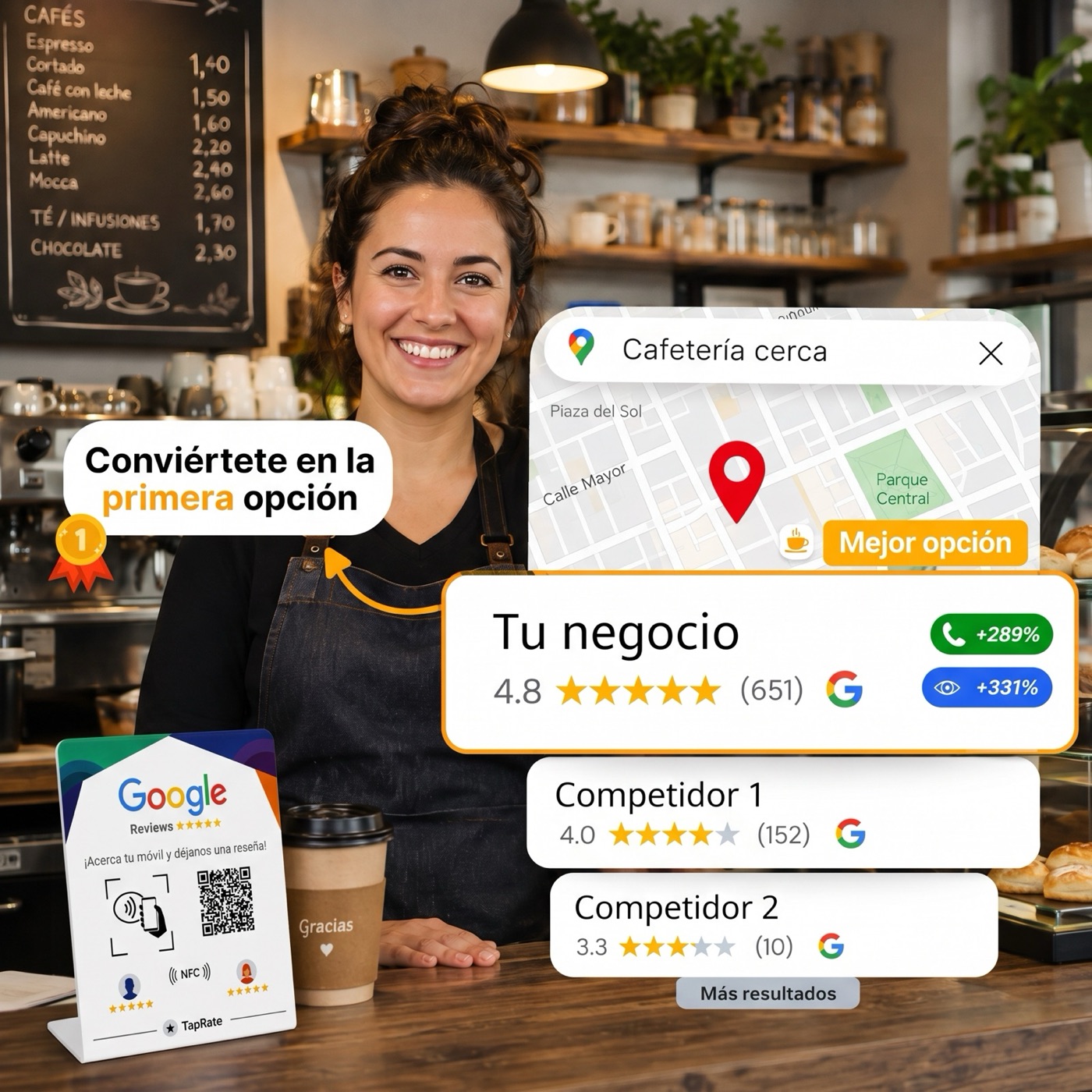 Camarera enseñando la placa TapRate en el mostrador de una cafetería, con la ficha de Google Maps del negocio como mejor opción