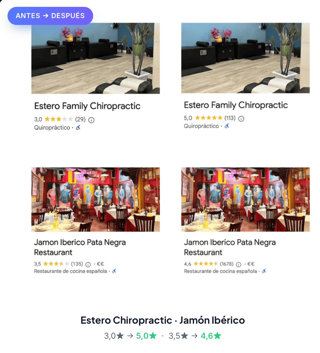 Antes y después de Estero Chiropractic y Jamón Ibérico en Google Maps
