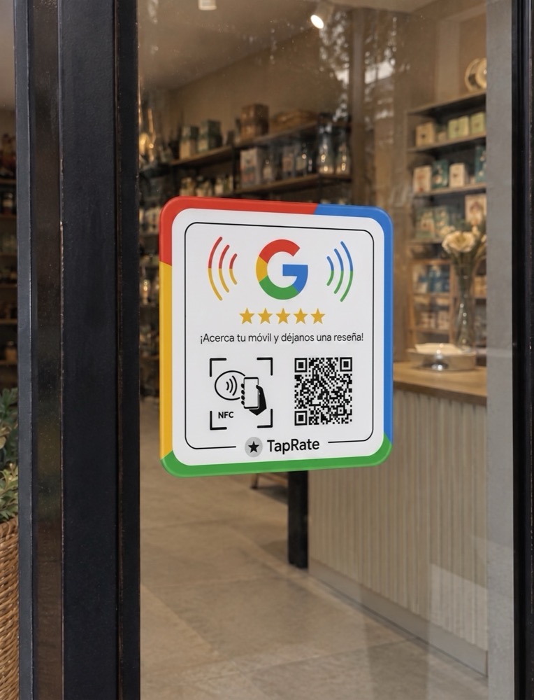 Tarjeta TapRate colocada en un escaparate junto a la entrada