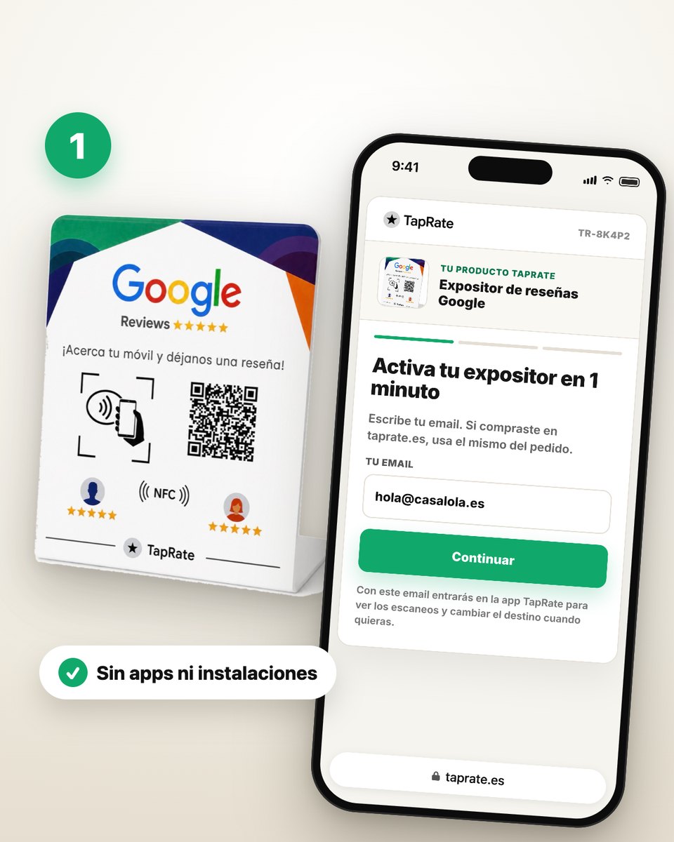 Expositor de reseñas Google TapRate junto a un móvil con la página de activación: escribe tu email