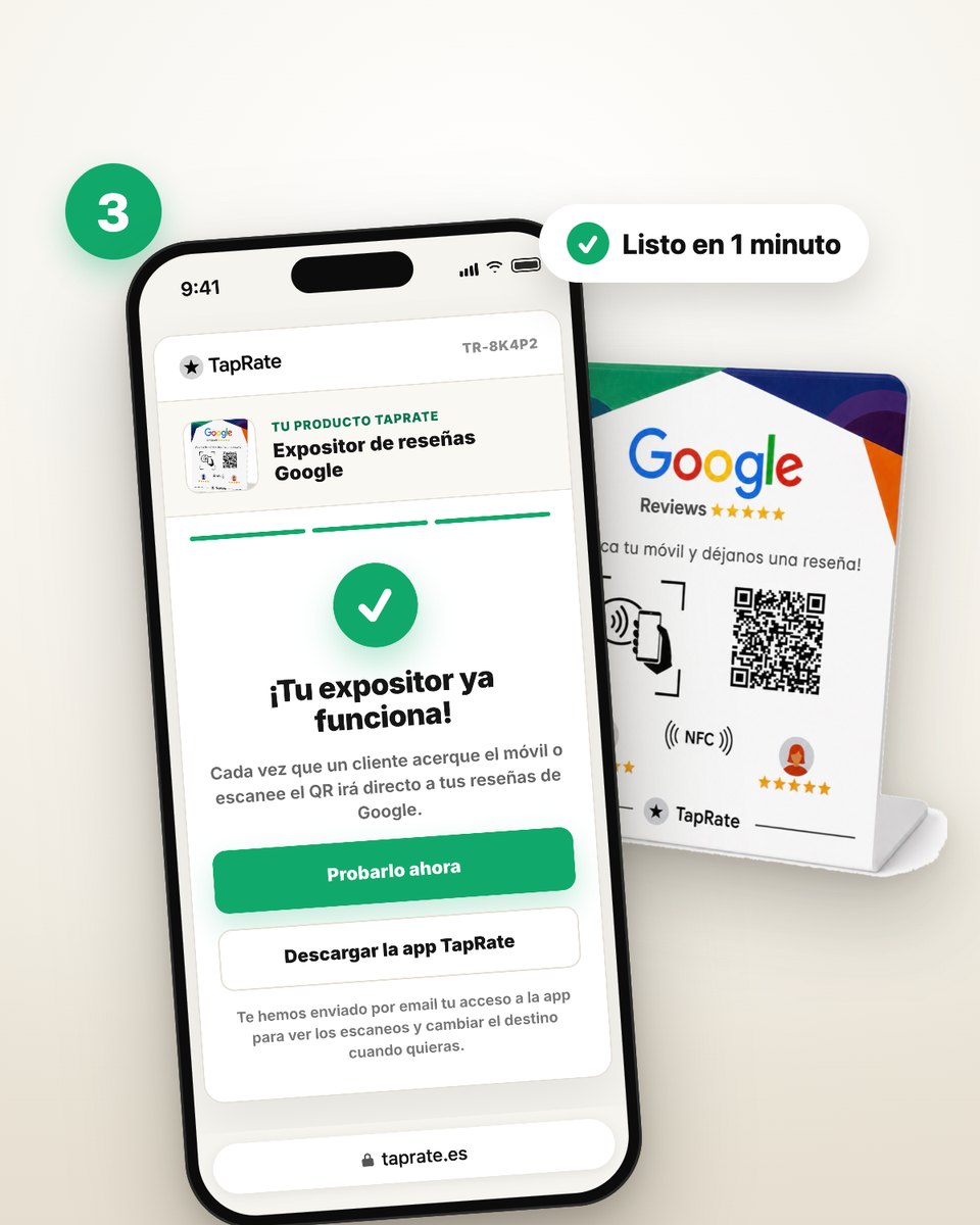 Activación completada: el expositor TapRate ya lleva a tus reseñas de Google